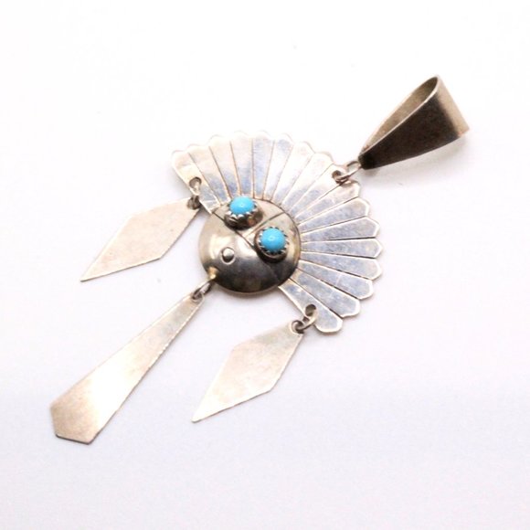 Vintage Sterling Silver Figural Sun Face Navajo Turquoise 3" Long Pendant - Picture 1 of 4